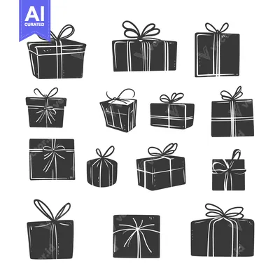 Aset premium populer: Collection of 13 Hand-Drawn Black and White Gift Boxes with Ribbons