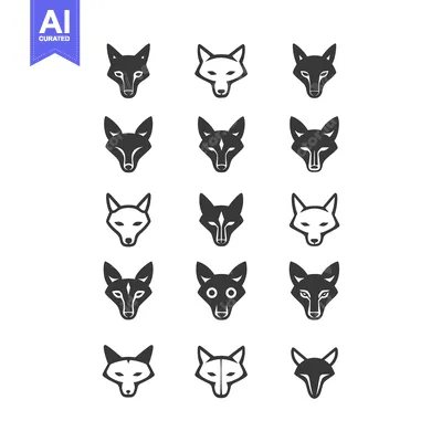 Aset premium populer: Collection of 15 Black and White Stylized Fox Head Icons