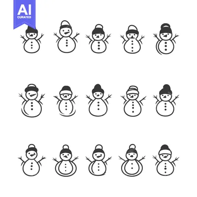 Aset premium populer: Collection of 15 Hand-Drawn Snowman Illustrations with Various Hats