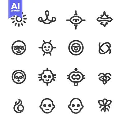 Collection of 16 Abstract Linear Icons with Faces, Sun, and Other Symb