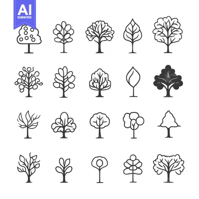 Aset premium populer: Collection of 16 Black and White Outline Tree Icons