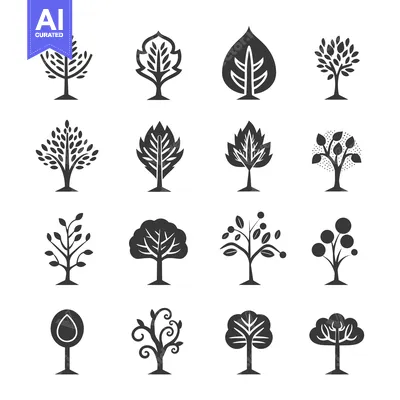 Aset desain premium: Collection of 16 Black and White Stylized Tree Icons