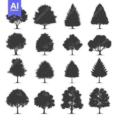 Premium design asset: Collection of 16 Detailed Black Silhouettes of Various Trees