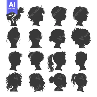 Aset premium populer: Collection of 16 Female Silhouettes with Different Hairstyles