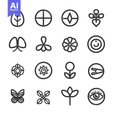 Aset premium populer: Collection of 16 Line Art Icons Depicting Nature and Life