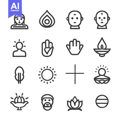 Aset premium populer: Collection of 16 Line Icons Representing Buddhism and Meditation