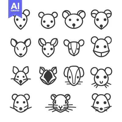 Aset premium populer: Collection of 16 Mouse Head Icons in Line Art Style