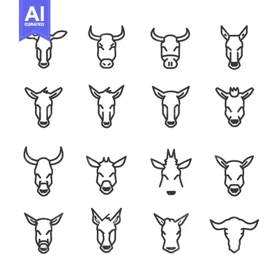 Aset desain premium: Collection of 16 Outline Cow and Deer Head Icons