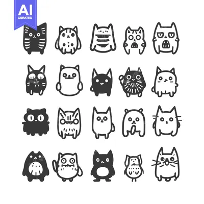 Aset desain premium: Collection of 20 Adorable Hand-Drawn Cartoon Cats with Different Expre