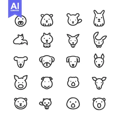 Aset premium populer: Collection of 20 Animal Face Icons in Line Style