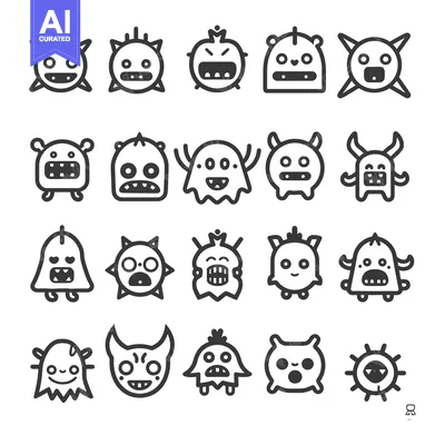 Aset premium populer: Collection of 20 Black and White Cartoon Monsters with Various Express
