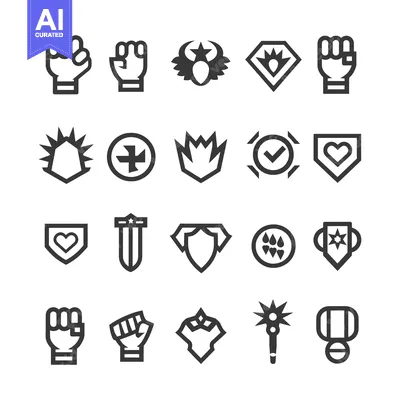 Aset desain premium: Collection of 20 Black and White Shield, Fist, and Weapon Icons