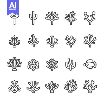 Aset premium populer: Collection of 20 Black Line Outline Coral Reef Icons