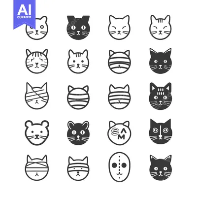 Aset desain premium: Collection of 20 Cute and Diverse Cat Face Illustrations