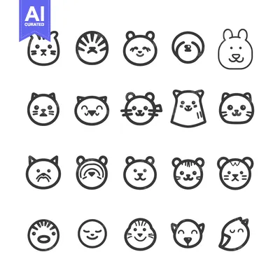 Aset premium populer: Collection of 20 Cute Animal Face Icons in Black and White
