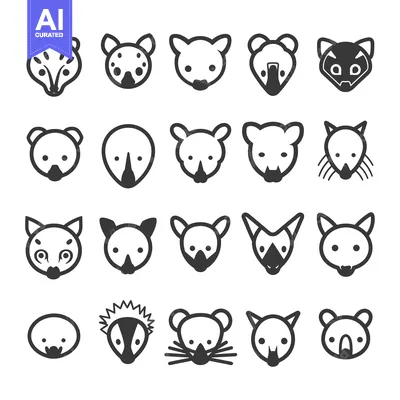 Premium design asset: Collection of 20 Cute Animal Head Icons in Black and White
