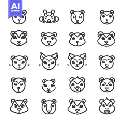 Aset desain premium: Collection of 20 Cute Cartoon Squirrel Faces in Black and White Line A