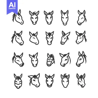Aset premium populer: Collection of 20 Donkey Head Icons in Black Outline Style