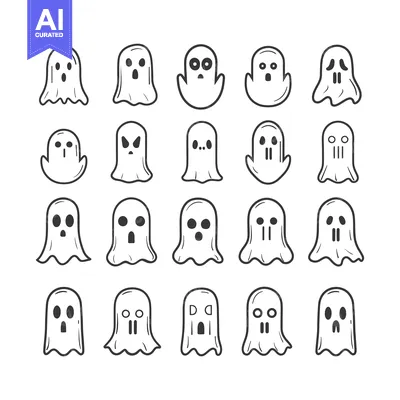 Collection of 20 Hand-Drawn Ghost Illustrations with Different Express