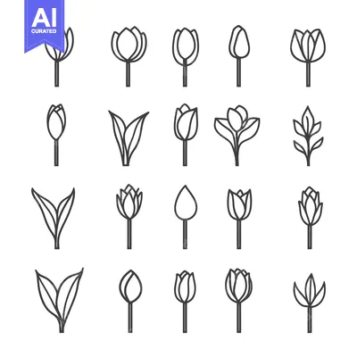 Aset desain premium: Collection of 20 Line Drawings of Tulips in Various Stages of Growth