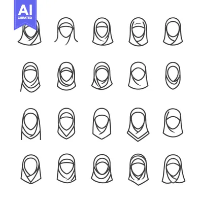 Collection of 20 Line Drawings of Women Wearing Hijabs