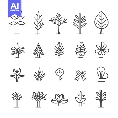 Aset desain premium: Collection of 20 Outline Drawings of Different Tree and Plant Types