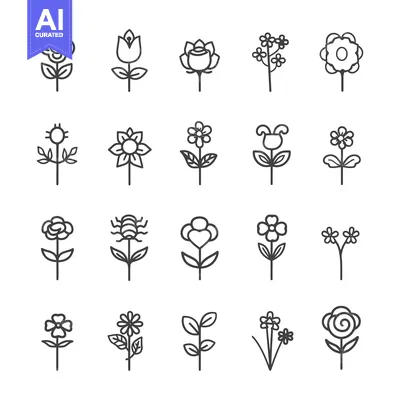 Aset desain premium: Collection of 20 Simple Line Drawings of Different Flower Varieties