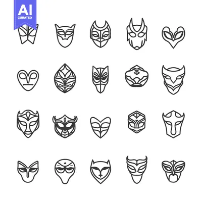 Aset desain premium: Collection of 20 Unique Mask Designs in Outline Style