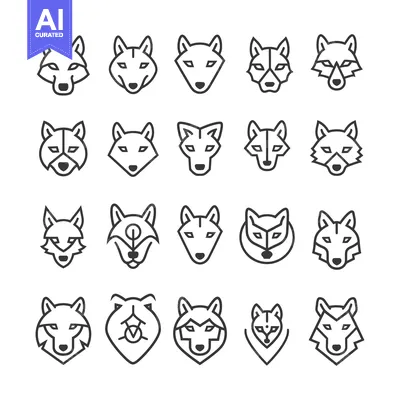 Aset desain premium: Collection of 20 Wolf Head Line Icons