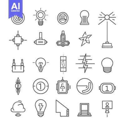 Aset desain premium: Collection of 24 Line Icons Related to Electricity, Light, and Power