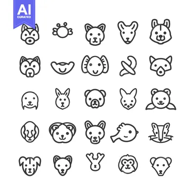 Aset desain premium: Collection of 25 Animal Head Icons in Line Art Style
