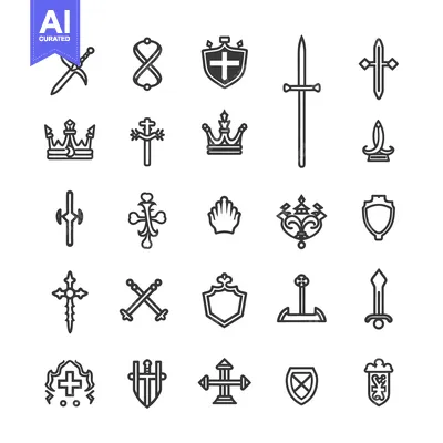 Premium design asset: Collection of 25 Black and White Line Art Heraldic and Medieval Symbol