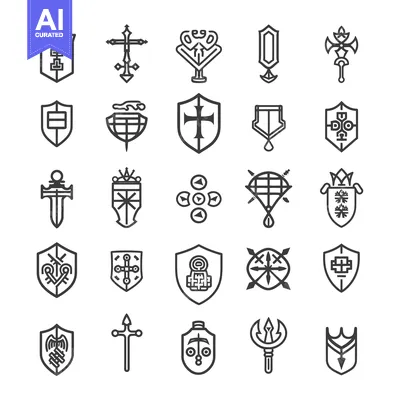 Aset premium populer: Collection of 25 Black and White Outline Heraldic Shields and Weapons