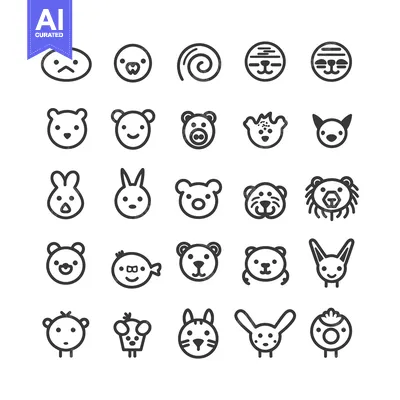 Aset desain premium: Collection of 25 Cartoon Animal Faces in Outline Style