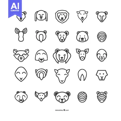 Aset desain premium: Collection of 25 Cute Animal Face Outline Icons