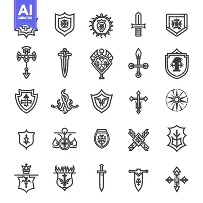 Premium design asset: Collection of 25 Heraldic and Medieval Symbols with Swords, Shields, a