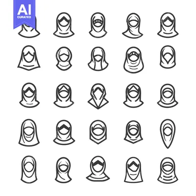 Aset desain premium: Collection of 25 Line Art Illustrations of Muslim Women Wearing Hijabs