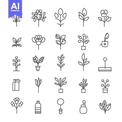 Premium design asset: Collection of 25 Line Icons Depicting Various Plants and Flowers