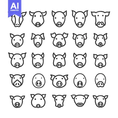 Aset premium populer: Collection of 25 Pig Face Outline Icons in Black and White
