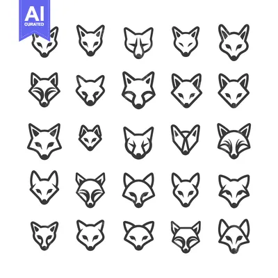 Aset desain premium: Collection of 25 Stylized Fox Head Icons in Black Outline