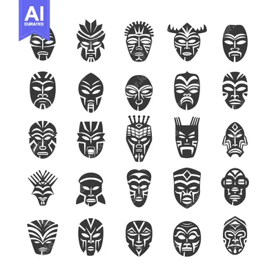 Aset desain premium: Collection of 25 Tribal Masks with Geometric Patterns