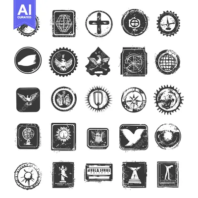 Aset premium populer: Collection of 25 Vintage Black and White Stamps with Various Symbols