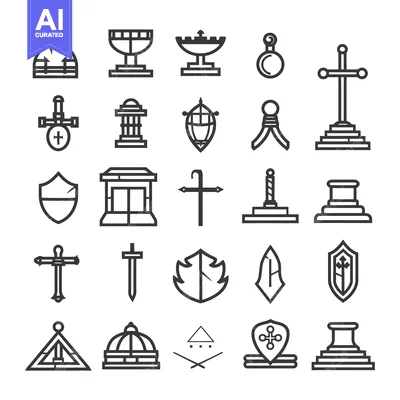 Aset premium populer: Collection of 28 Black and White Outline Icons Representing Various Sy