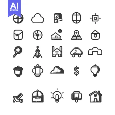 Aset desain premium: Collection of 28 Hand-Drawn Black and White Icons