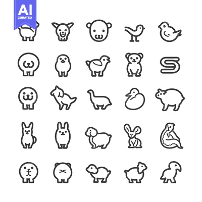 Aset desain premium: Collection of 28 Outline Animal Icons in Black and White