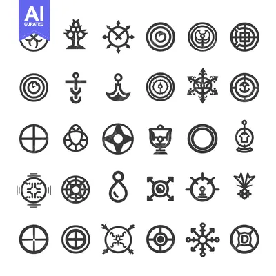 Aset desain premium: Collection of 30 Unique Circular and Symbolic Icons in Black and White