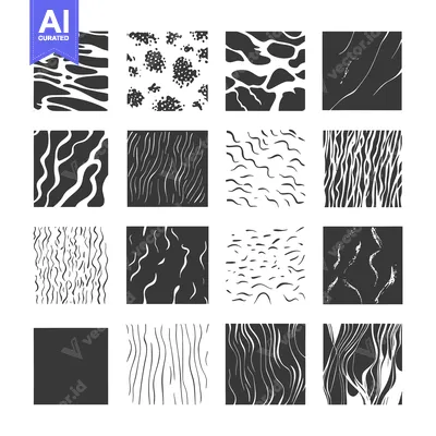 Aset desain premium: Collection of Abstract Black and White Patterns with Wavy Lines, Dots,