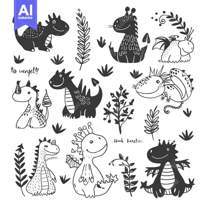 Aset premium populer: Collection of Adorable Hand-Drawn Black and White Dragons with Floral