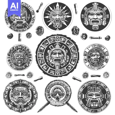 Aset premium populer: Collection of Ancient Aztec and Mayan Masks and Calendar Symbols