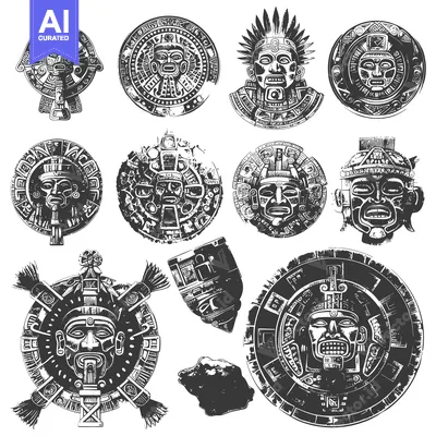 Aset desain premium: Collection of Ancient Aztec and Mayan Masks and Symbols
